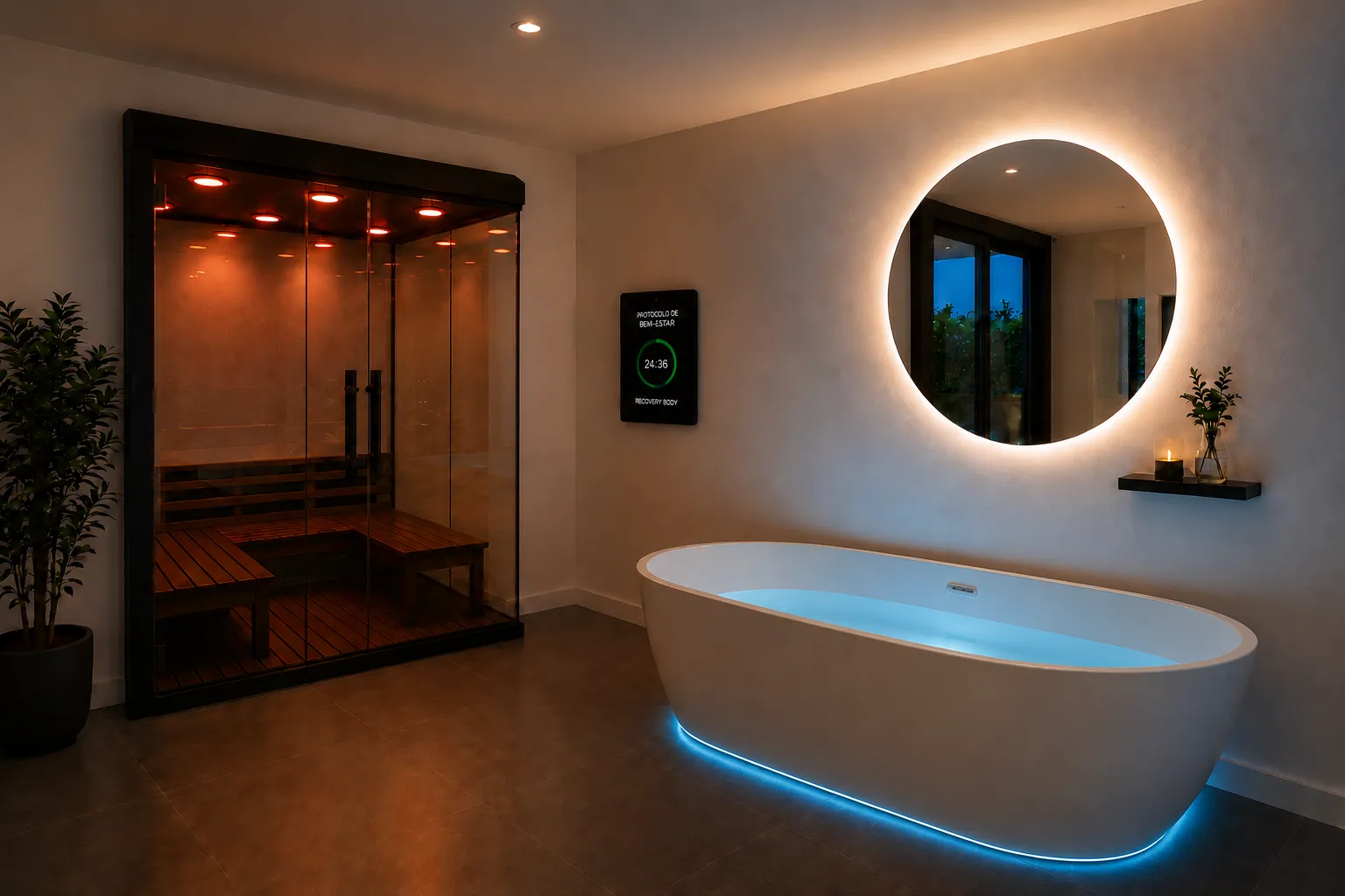 Espaço de recovery com banheira de imersão e sauna seca e protocolo guiado