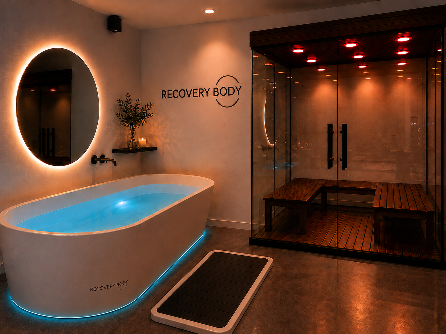 Espaço Recovery Body com banheira de imersão e sauna infrared